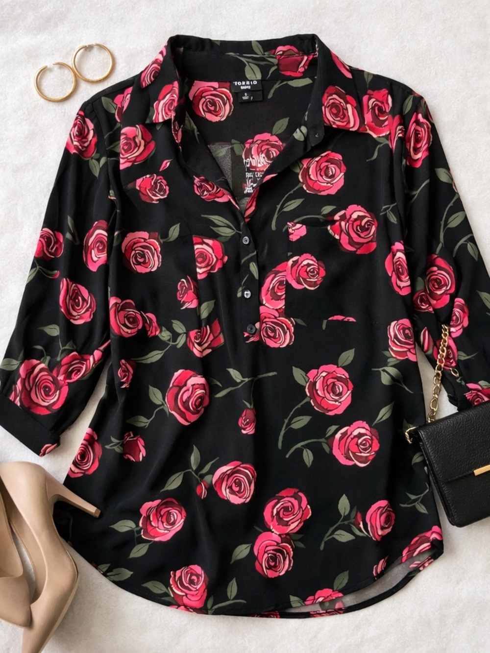 torrid Black Button-Down Shirt with Pink Rose Print